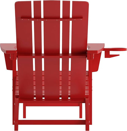 Flash Furniture Halifax Poly Resin Adirondack Chair with Cup Holder and Pull Out Ottoman, All-Weather Poly Resin Indoor/Outdoor Lounge Chair, Set of 2, Red