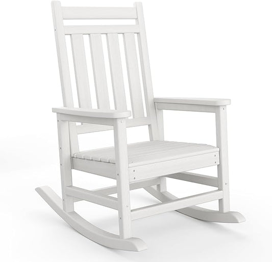 HDPE Rocking Chair Outdoor- Poly High Back Porch Rocker Chairs for Adults - All Weather Resistant Furniture for Patio Front Porch - White
