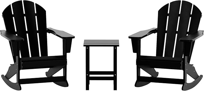 WO WESTIN OUTDOOR HDPE Laguna Outdoor Rocking Poly Adirondack Chair with Side Table 3-Piece Set, Black