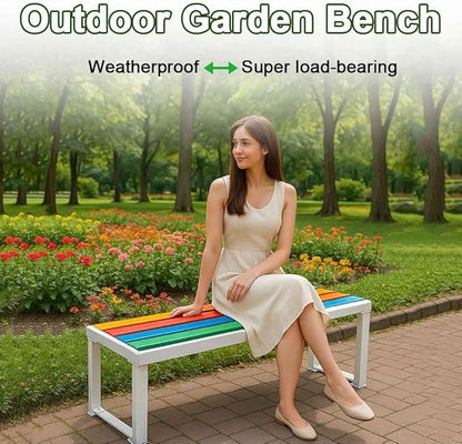 31" Outdoor Bench Weatherproof Patio Garden Benches Metal Backless Bench Seating 2-4 Person Slatted Chairs for Porch Patio Lawn and Backyard Black(Black,L-39)