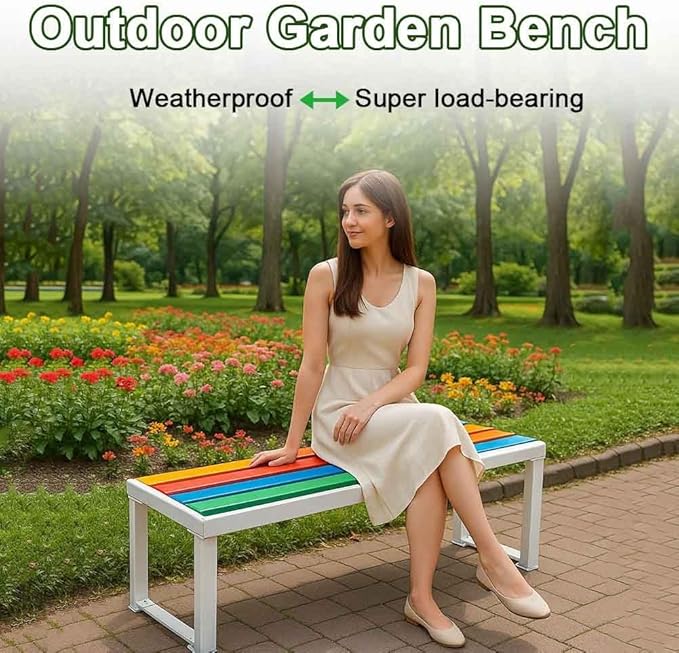31" Outdoor Bench Weatherproof Patio Garden Benches Metal Backless Bench Seating 2-4 Person Slatted Chairs for Porch Patio Lawn and Backyard Black(Brown,L-31)
