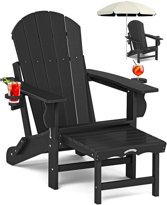 Folding Adirondack Chair with Ottoman, Recyclable HDPE Adirondack Patio Chair with 2 Cup Holder, Outdoor Fire Pit Chairs with Pull Out Footrest, Weather Resistant for Garden, Deck, Poolside,Black