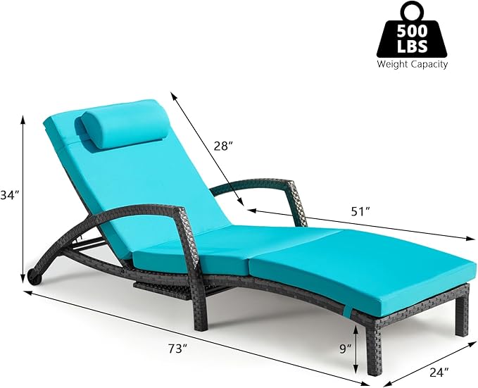 Chaise Lounge Chairs Outdoor Comfy Outside Wicker Patio Pool Lounge Chair w/ 5 Adjustable Back Angle Cup Holder Thicken Cushion