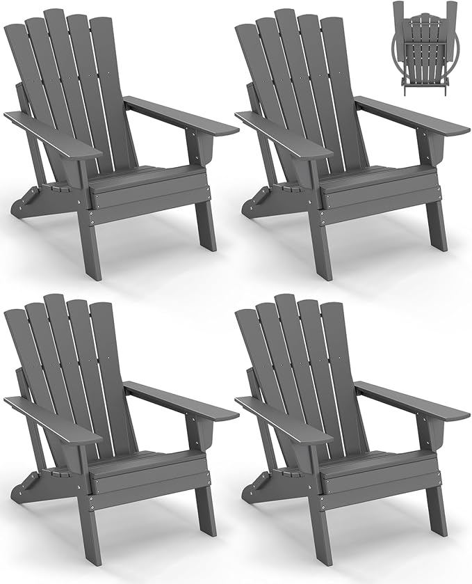 GREENVINES Folding-Adirondack-Chairs-Set-of-4 | HDPE Plastic | Throne Series | Fire Pit Chair | All Weather | for Outdoor Patio Deck Backyard Poolside | Grey