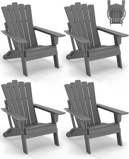 GREENVINES Folding-Adirondack-Chairs-Set-of-4 | HDPE Plastic | Throne Series | Fire Pit Chair | All Weather | for Outdoor Patio Deck Backyard Poolside | Grey