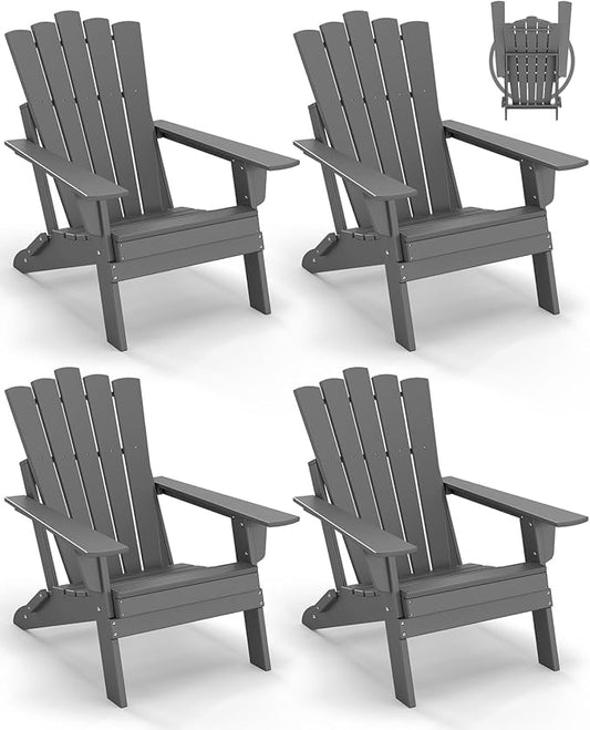 GREENVINES Folding-Adirondack-Chairs-Set-of-4 | HDPE Plastic | Throne Series | Fire Pit Chair | All Weather | for Outdoor Patio Deck Backyard Poolside | Grey