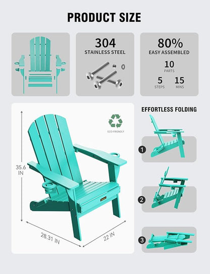 Folding Adirondack Chair, Wooden Textured Plastic Adirondack Chairs with 2 Cup Holder, Weather Resistant HDPE Fire Pit Chair, Outdoor Patio Chairs for Garden, Backyard, Lawn, Deck, 380LBS, Lake Blue