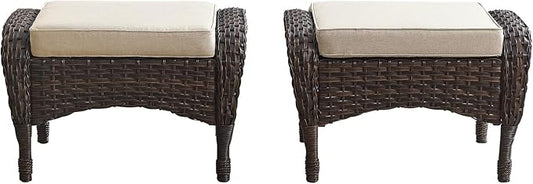 Belord Outdoor Ottomans for Patio Foot Rest - 25 Inch PE Wicker Foot Stool Set of 2 with Removable Cushions for Patio Furniture Sets,All Weather Rattan Ottoman for Balcony Backyard Brown