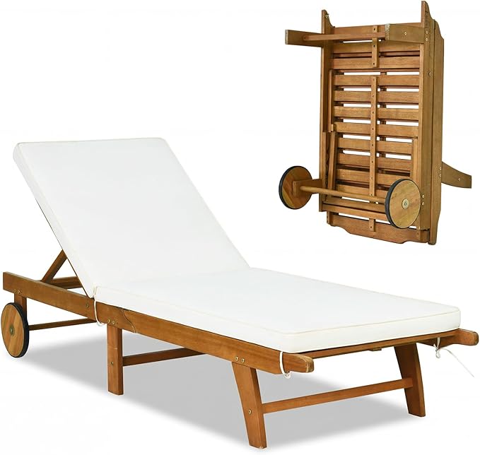 Tangkula Folding Lounge Chair Outdoor, Patio Eucalyptus Wood Chaise Lounge with 5-Level Adjustable Backrest & Cushions, Portable Beach Pool Sunbathing Recliner with Wheels for Outside (1,Off White)