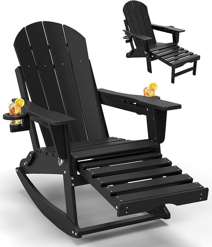 Adirondack Rocking Chair with Retractable Ottoman, All Weather Folding Adirondack Chair with Two Cup Holders, HDPE Adirondack Outdoor Rocking Chairs for Porch, Patio, Balcony. Black