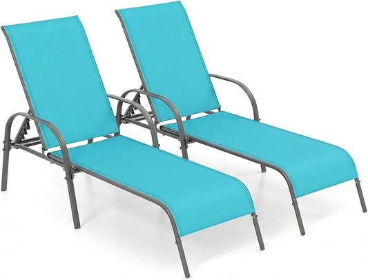 Tangkula Outdoor Lounge Chairs Set of 2, Patio Chaise Lounge with Adjustable Backrest, Reclining Pool Lounge Chairs for Outside with Heavy Duty Steel Frame for Beach, Yard, Balcony, Poolside