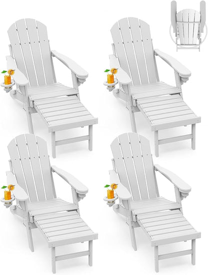 GREENVINES Adirondack-Chairs-with-Ottoman | Set of 4 | Folding | Retractable-Footrest | HDPE Plastic | All Weather Fire Pit Chair | Cup Holders | White | for Outdoor Poolside