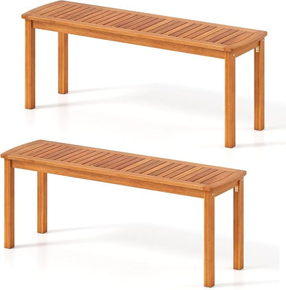 RELAX4LIFE Wood Patio Outdoor Bench - 48’’ Backless Acacia Wooden Dining Bench w/Slatted Seat, 2-Person Farmhouse Indoor Outside Furniture for Entryway Garden Park Porch Poolside, 800LBS Max Load (2)