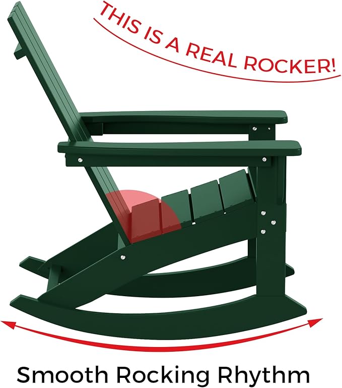 Costaelm Outdoor Adirondack Chair, All Weather Resistant Lawn Chairs Balcony Chair and Fire Pit Chairs, Patio Chair Outdoor Porch Rocking Chair High Back HDPE Poly Lumber, Dark Green