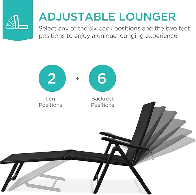 Best Choice Products Set of 2 Outdoor Patio Chaise Lounge Chair Adjustable Reclining Folding Pool Lounger for Poolside, Deck, Backyard w/Steel Frame, 250lb Weight Capacity - Black