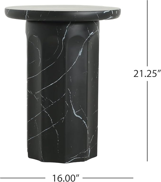 Christopher Knight Home Mervynt Outdoor Side Table, Lightweight Concrete Patio End Table Garden Stool with Round Top, Decorative Accent Table for Patio Balcony Beach Pool Side, Black Marble Finish