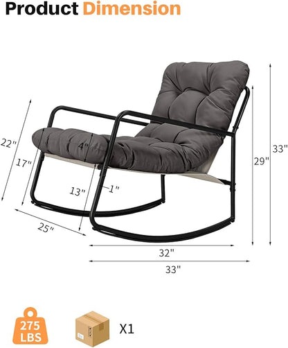 Outdoor Rocking Chair, Metal Patio Rocking Chair, Indoor Rocking Chair with Cushion, Papasan Rocking Lounge Chair, Comfy Modern Rocker Chair for Porch, Living Room, Garden, Lawn, Dark Grey