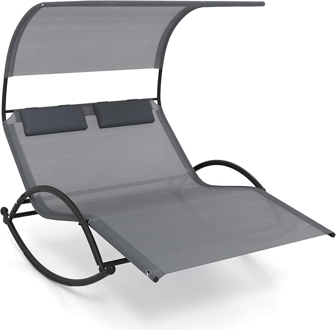 Tangkula 2 Person Lounge Chair with Canopy, Outdoor Chaise Lounge with 2 Detachable Pillows, Sturdy Metal Frame, Extra Large Double Patio Hammock Sunbed Swing for Backyard, Poolside (Gray)