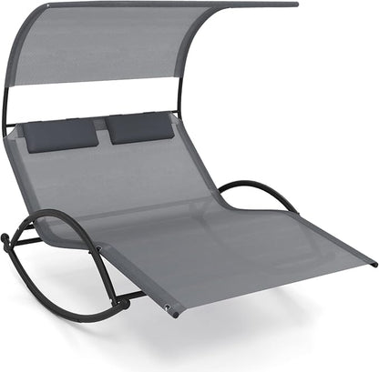 Tangkula 2 Person Lounge Chair with Canopy, Outdoor Chaise Lounge with 2 Detachable Pillows, Sturdy Metal Frame, Extra Large Double Patio Hammock Sunbed Swing for Backyard, Poolside (Gray)