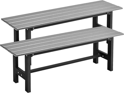 Tangkula 47 Inch HDPE Outdoor Bench Backless Set of 2, Patio Dining Bench with Slatted Seat & Heavy-Duty Metal Frame, 660 LBS Capacity, Weatherproof Outside Bench for Garden, Yard & Porch, Grey