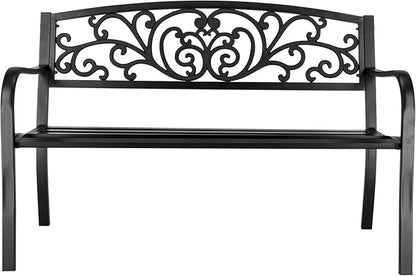 Outdoor Garden Bench,50" Patio Park Garden Bench Furniture,Iron Metal Frame Patio Park Bench with Floral Design Backrest,Arch Legs for Porch,Lawn,Garden,Yard (A)