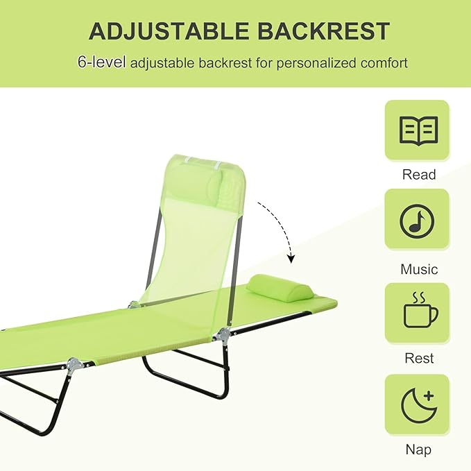 Outdoor Tanning Chair with Pillow, Folding Chaise Lounge Chair with Adjustable Backrest, Portable Lay Flat Beach Lounge Chairs for Sunbathing Poolside Patio Lawn Camping(Green 2)