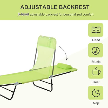 Outdoor Tanning Chair with Pillow, Folding Chaise Lounge Chair with Adjustable Backrest, Portable Lay Flat Beach Lounge Chairs for Sunbathing Poolside Patio Lawn Camping(Green 2)