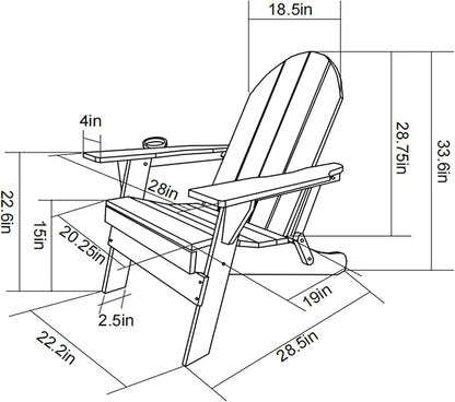 Folding Adirondack Chair with Dual Cup Holder, HDPE Composite Adirondack Chair with Wood Texture, Patio Chairs, Lawn Chairs, Outdoor Chair for Deck, Backyard, Garden (White)