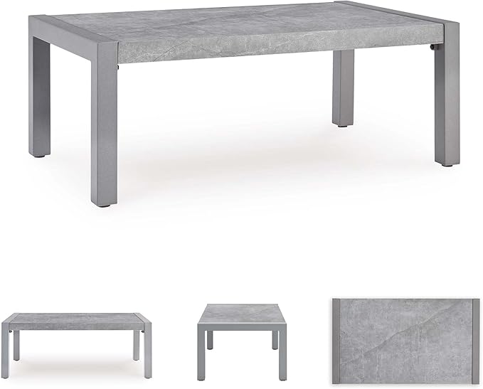 Signature Design by Ashley Moonlight View Contemporary Outdoor Fade and Rust Resistant Coffee Table with Stone Tabletop, Light Gray