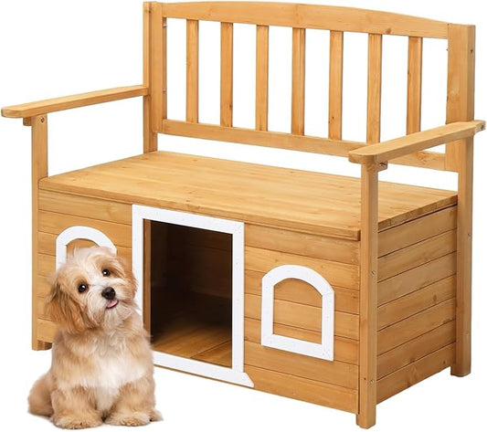 VINGLI Outdoor Storage Bench with Built-in Dog House, 2-in-1 Outdoor Waterproof Patio Bench with Pet Kennel for Patio Backyard Porch (Natural)
