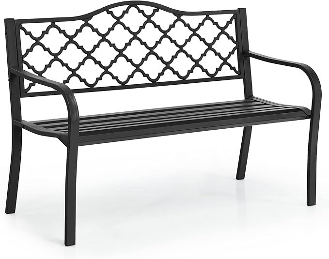 Tangkula Outdoor Steel Garden Bench, Patio Park Bench w/Iron Casted Seat, Armrest & Backrest, Outdoor Welcome Bench Chair Furniture Suitable for Garden Patio Yard