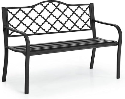 Tangkula Outdoor Steel Garden Bench, Patio Park Bench w/Iron Casted Seat, Armrest & Backrest, Outdoor Welcome Bench Chair Furniture Suitable for Garden Patio Yard