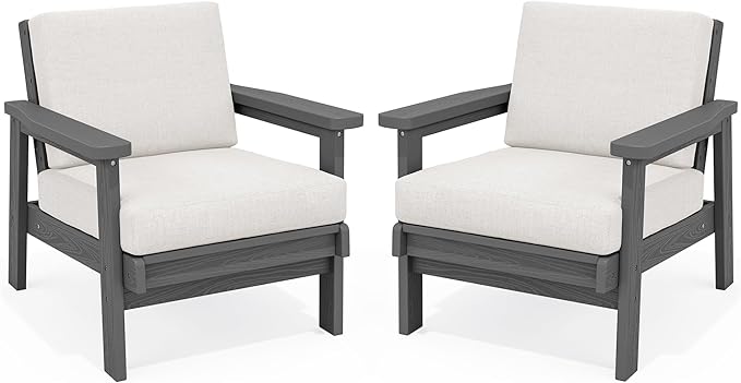 SERWALL HDPE Outdoor Couch Set of 2, All-Weather Wood-Like Patio Furniture Set, Outdoor Sofa Chairs with Khaki Cushions