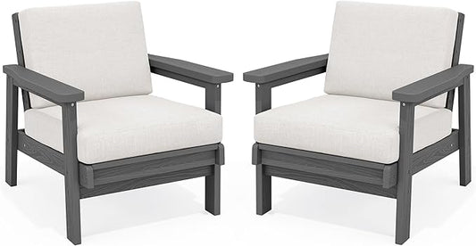 SERWALL HDPE Outdoor Couch Set of 2, All-Weather Wood-Like Patio Furniture Set, Outdoor Sofa Chairs with Khaki Cushions