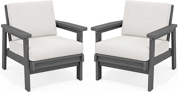 SERWALL HDPE Outdoor Couch Set of 2, All-Weather Wood-Like Patio Furniture Set, Outdoor Sofa Chairs with Khaki Cushions