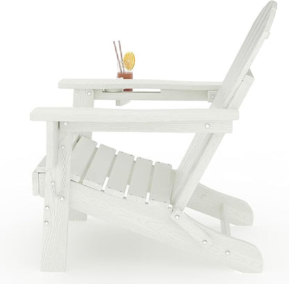 Folding Adirondack Chair, All-Weather HDPE Outdoor Chair, Wooden Textured with Cup Holder for patios, Decks, Gardens, fire pits, White