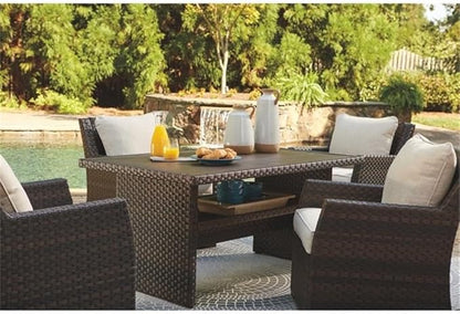 BOWERY HILL Patio Dining Table, Dark Brown and Beige Finish, Resin Wicker and Rust-Free Aluminum Frame, 58.75 x 33.50 x 27.75 in, Water-Resistant Aluminum Top, Versatile Outdoor Table for Dining and