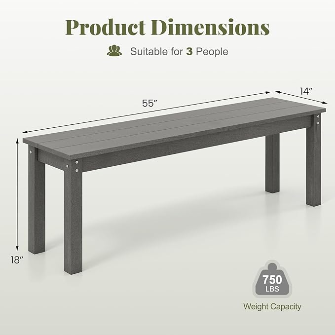 Moccha HDPE Outdoor Bench, 55" Patio Bench with Slatted Seat & 750 Lbs Capacity, Weatherproof Outside Seating Furniture, 2-3 People Backless Garden Bench, Loveseat for Entryway, Porch, Lawn, Backyard