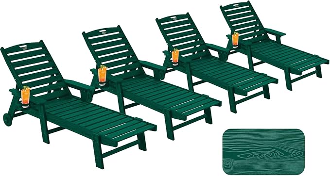 Chaise Lounge Chair Outdoor with Wheels, Oversize Patio Lounge Chairs with Wood Texture, 5-Position Plastic Lounge Chairs Set of 4-Green(Separate Delivery)