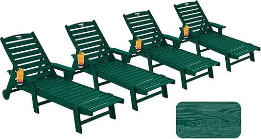 Chaise Lounge Chair Outdoor with Wheels, Oversize Patio Lounge Chairs with Wood Texture, 5-Position Plastic Lounge Chairs Set of 4-Green(Separate Delivery)