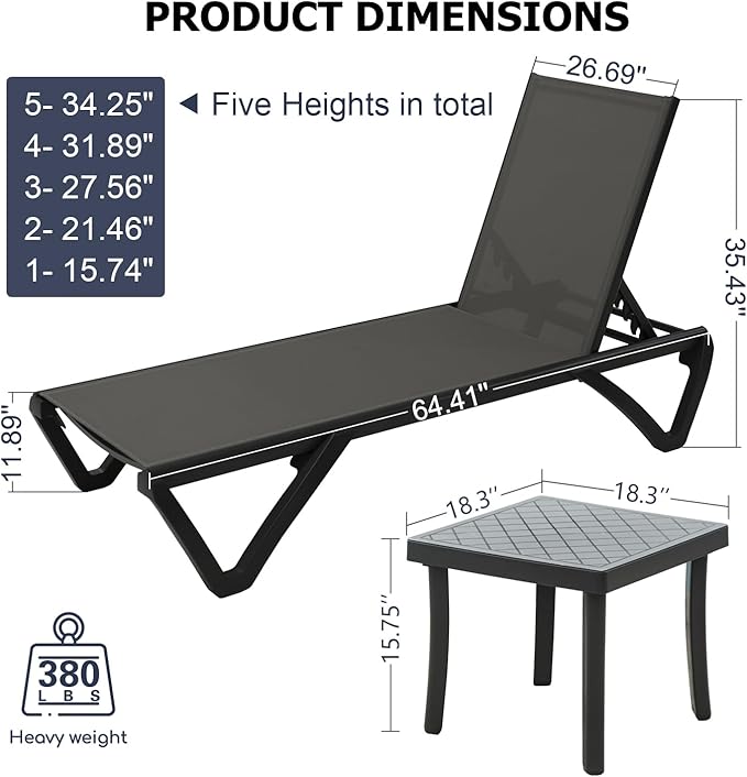 Domi Pool Lounge Chairs Set of 3, Aluminum Chaise Lounge Outdoor with Side Table - Photo 2