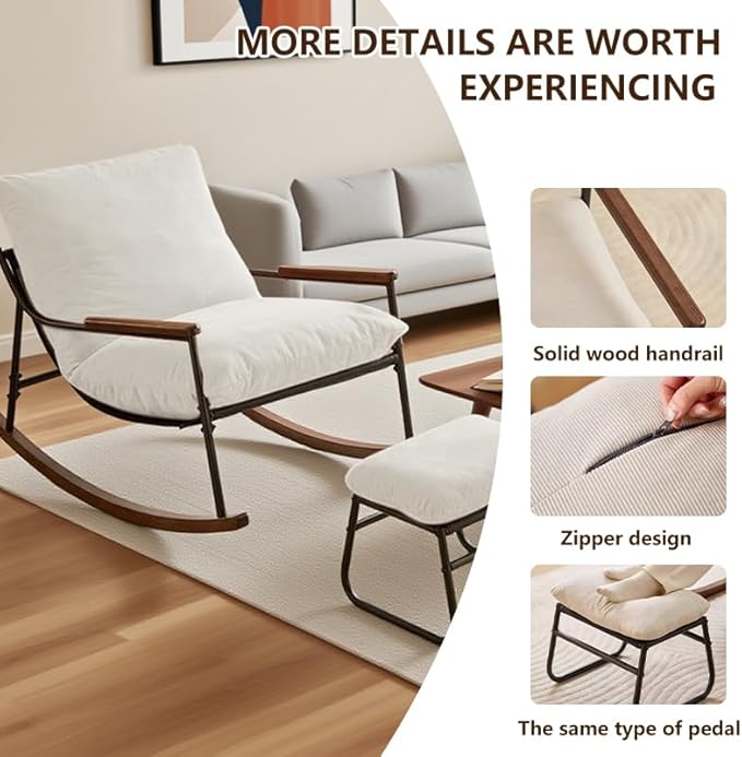 Comfortable Glider Rocking Chair with Footrest, Reclining Lounge Chair with Soft Cushions, High Back and Armrests, Indoor & Outdoor Patio Rocker for Living Room, Bedroom or Office, White
