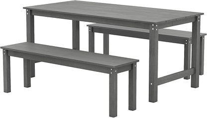 Tangkula 3 Pieces Outdoor HDPE Dining Table Set with 2 Benches, Weather Resistant Patio Furniture Set with 1.77” Umbrella Hole and Wood-Like Surface for Garden, Backyard and Poolside (Gray, 3 Pcs)