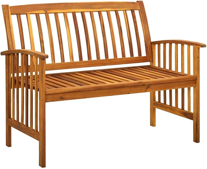 Solid Acacia Wood Garden Bench 46.9" Two-Seater Patio Seating with Grey Cushion Rustic Outdoor Loveseat 440 lb Capacity for Porch Balcony Backyard