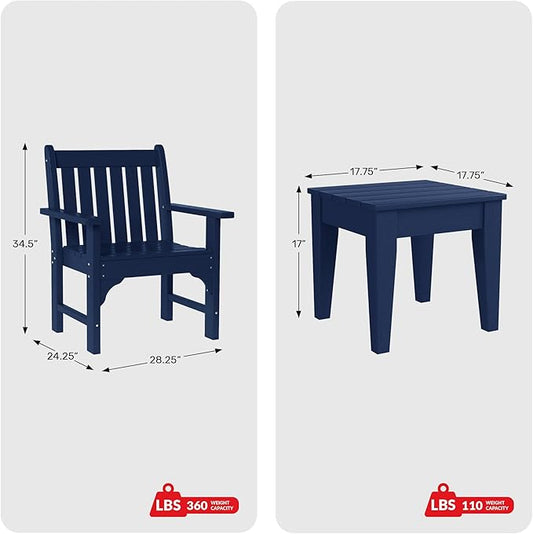 Costaelm Outdoor Patio Table and Chairs Set of 2, 2-Piece HDPE Garden Chair with Square Adirondack Side Table Set, Porch Chairs Coffee Table for Outside Porch Backyard, Navy Blue