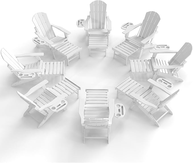 Adjustable Adirondack Chair with Retractable Ottoman Set of 8, HDPE Folding Adirondack Chair with Cup Holder, All Weather Fire Pit Chair for Outdoor.