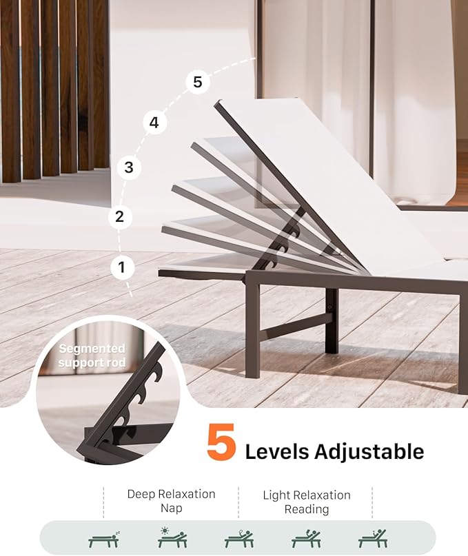 Chaise Lounge Chair Outdoor, Aluminum PatioChairs with 5 Adjustable Backrest and HeadrestPillows for Outside Beach，White - Photo 4