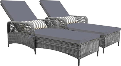 Tangkula Wicker Chaise Lounge Outdoor Set of 2, Patio Rattan Reclining Chaise with 6-Gear Adjustable Backrest, Thick Padded Cushion & Removable Lumbar Pillow, Pool Lounge Chairs (Grey)