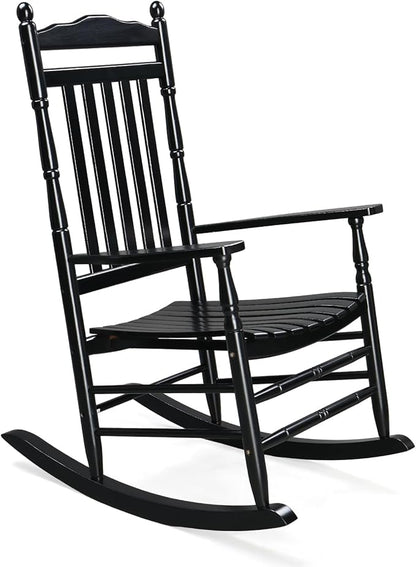 VINGLI Wooden Rocking Chair, Outdoor Chair with 450 lbs Support, Relaxing Rocker with Solid Wood High Back Seat Reclining Seat for Deck, Garden, Backyard, Porch, Indoor or Outdoor Use (Black, 1PC)