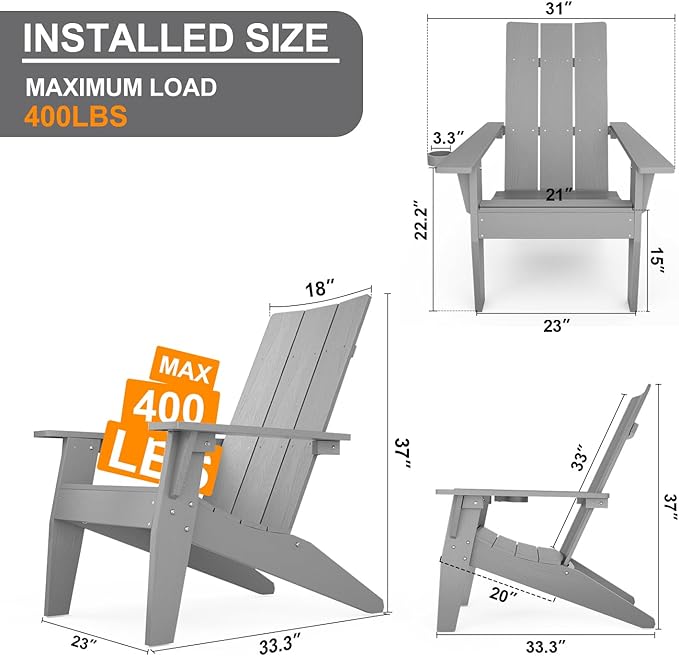 MXIMU Modern Adirondack Chairs Set of 2 Weather Resistant with Cup Holder Oversize Plastic Fire Pit Chairs Adorondic - Photo 2